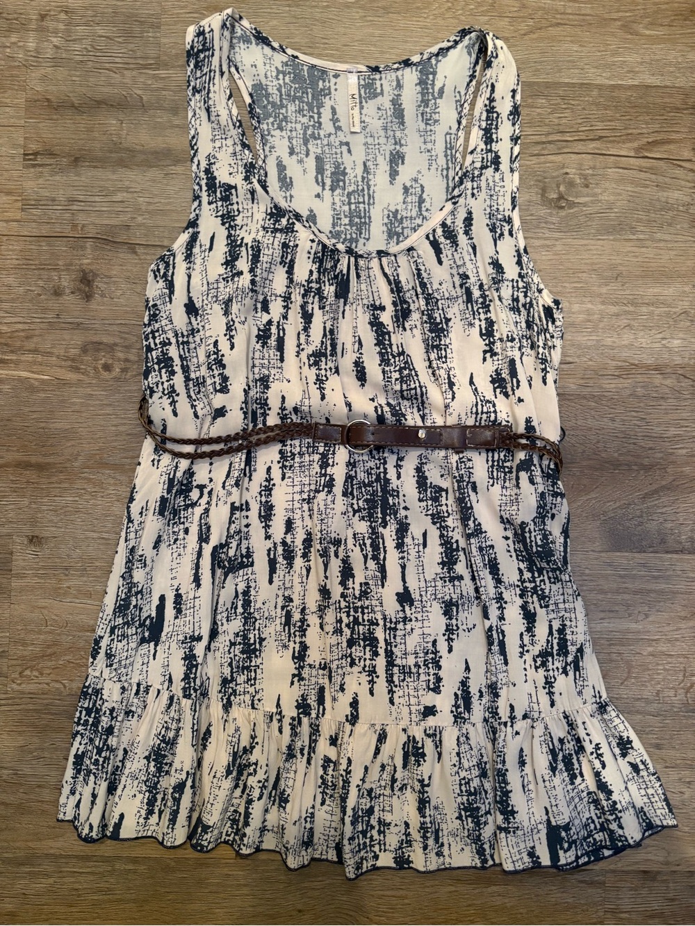 Beige Sleeveless Mini Dress with Navy Abstract Print